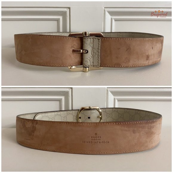 Authentic Gucci Cream GG Embossed Signature Leather Gold Pin Buckle Belt 85/34 - Picture 7 of 14